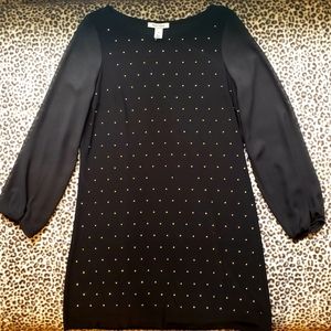 WHBM Black with Gold Accents Long Sleeve Chiffon Sleeve Standard Shift Dress, M
